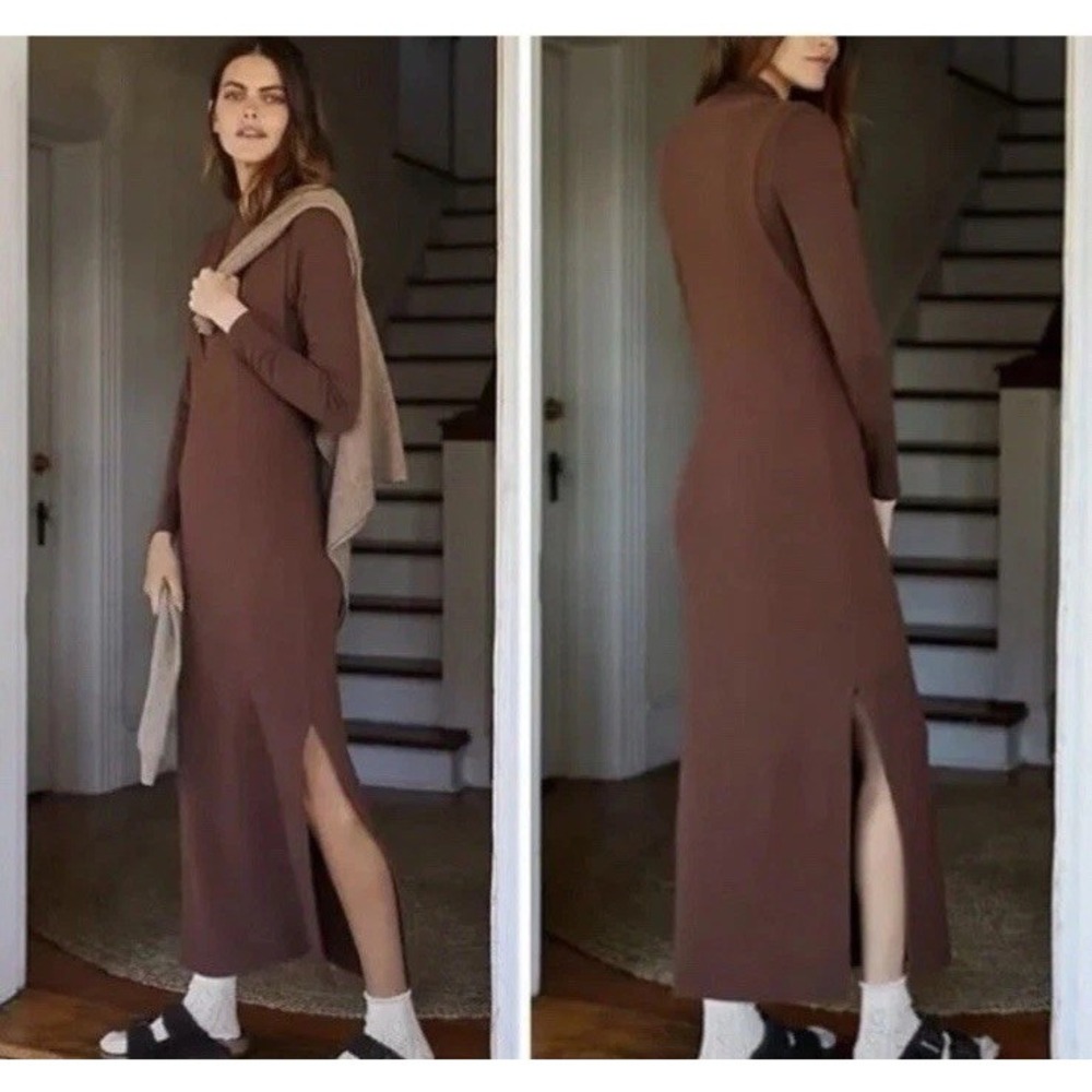 NWT Daily Practice Anthropologie‎ V-Neck Ribbed Maxi Dress Sz S Chocolate Brown